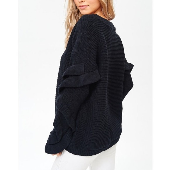Black Ruffle Sleeve Ribbed Sweater Pullover - Picture 6 of 7